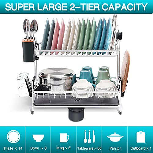 Kingrack Estante para Platos de Aluminio,escurridor de Platos de 2 Niveles,Estante de Secado de Platos de Gran Capacidad con Bandeja de Goteo,Soporte de Taza,Soporte para Utensilios Cubierta de bambú