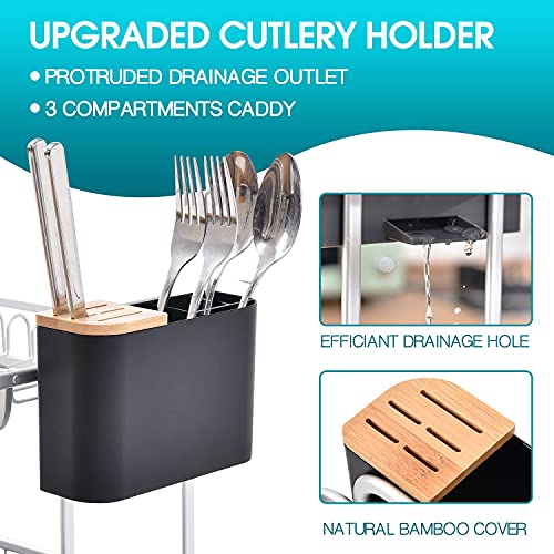 Kingrack Estante para Platos de Aluminio,escurridor de Platos de 2 Niveles,Estante de Secado de Platos de Gran Capacidad con Bandeja de Goteo,Soporte de Taza,Soporte para Utensilios Cubierta de bambú