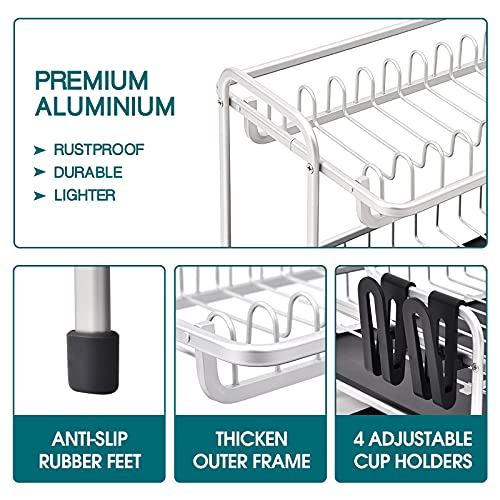 Kingrack Estante para Platos de Aluminio,escurridor de Platos de 2 Niveles,Estante de Secado de Platos de Gran Capacidad con Bandeja de Goteo,Soporte de Taza,Soporte para Utensilios Cubierta de bambú