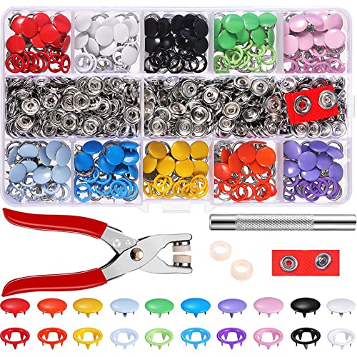 Kit de cierre de botón a presión, Accesorios de botones a presión huecos 100 juegos + 100 juegos sólidos + alicates de fijación + perno de presión, 10 colores
