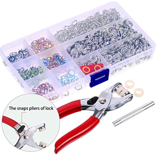 Kit de cierre de botón a presión, Accesorios de botones a presión huecos 100 juegos + 100 juegos sólidos + alicates de fijación + perno de presión, 10 colores