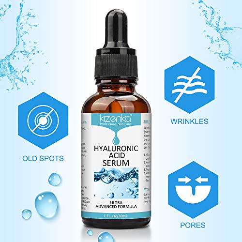 kizenka Suero de ácido Hialurónico para la piel, Suero Antiarrugas, Hidrata y Suaviza las Arrugas Profundas, Líneas finas, Manchas oscuras y cicatrices de acné - 30 ml