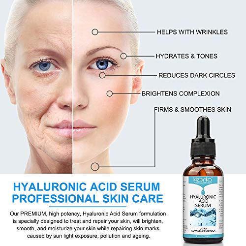 kizenka Suero de ácido Hialurónico para la piel, Suero Antiarrugas, Hidrata y Suaviza las Arrugas Profundas, Líneas finas, Manchas oscuras y cicatrices de acné - 30 ml