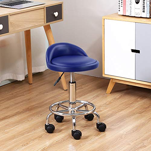 KKTONER Taburete de Cuero Artificial con Respaldo Giratorio Taburete con Ruedas de Altura Ajustable con Ruedas para Pintar Tatuaje Masaje SPA Tienda Taburete de Trabajo con Pedal (Azul Oscuro)