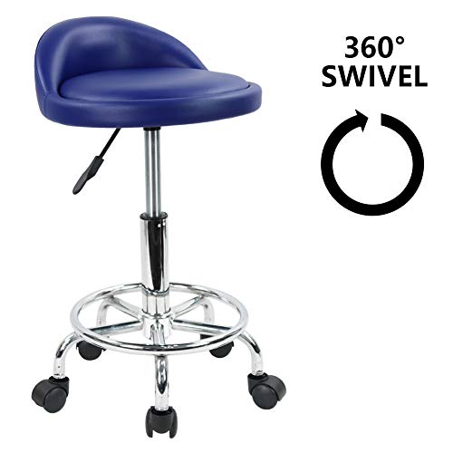 KKTONER Taburete de Cuero Artificial con Respaldo Giratorio Taburete con Ruedas de Altura Ajustable con Ruedas para Pintar Tatuaje Masaje SPA Tienda Taburete de Trabajo con Pedal (Azul Oscuro)