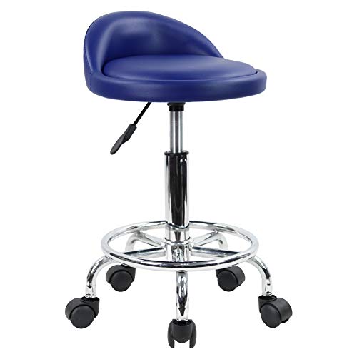 KKTONER Taburete de Cuero Artificial con Respaldo Giratorio Taburete con Ruedas de Altura Ajustable con Ruedas para Pintar Tatuaje Masaje SPA Tienda Taburete de Trabajo con Pedal (Azul Oscuro)