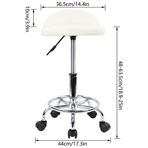 KKTONER Taburete de Cuero Artificial con Respaldo Giratorio Taburete con Ruedas de Altura Ajustable con Ruedas para Pintar Tatuaje Masaje SPA Tienda Taburete de Trabajo con Pedal (Blanco)
