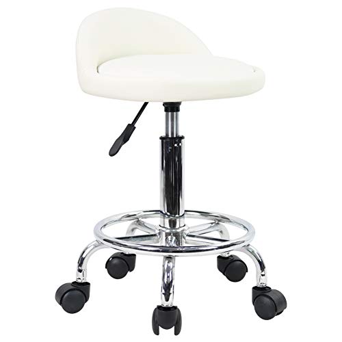 KKTONER Taburete de Cuero Artificial con Respaldo Giratorio Taburete con Ruedas de Altura Ajustable con Ruedas para Pintar Tatuaje Masaje SPA Tienda Taburete de Trabajo con Pedal (Blanco)