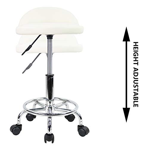 KKTONER Taburete de Cuero Artificial con Respaldo Giratorio Taburete con Ruedas de Altura Ajustable con Ruedas para Pintar Tatuaje Masaje SPA Tienda Taburete de Trabajo con Pedal (Azul Oscuro)