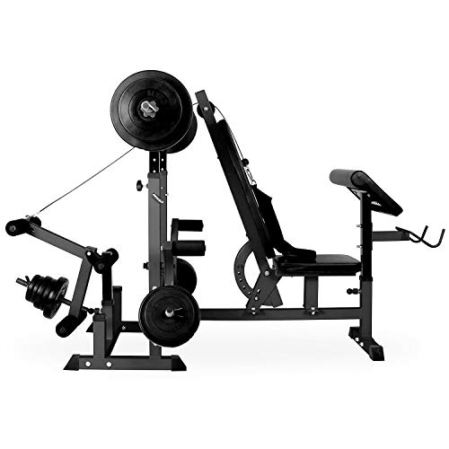 Klarfit Workout Hero 3000 - Banco de pesas, Banco musculación con cargas guiadas, Banco de Pesas, Banco musculación multifincional con carga máxima 280 kg, Remo, Curler piernas, Acero, Carbón