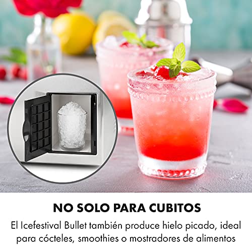 Klarstein Icefestival Bullet - máquina de hielo, 400 W, 12-20 kg/24h, capacidad: 1,9 kg, depósito de agua: 3 l, hielo redondo, táctil, manguera para agua, acero inoxidable, plateado