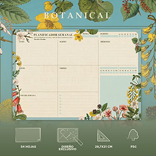 Kokonote Bloc planificador semanal A4 Botanical - Organizador semanal - Planificador semanal - Planning escritorio, Planificador floral, BPSA40030
