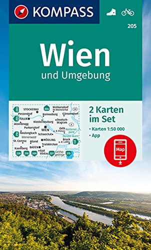 KOMPASS Wanderkarte 205 Wien und Umgebung: 2 Wanderkarten 1:50000 im Set inklusive Karte zur offline Verwendung in der KOMPASS-App. Fahrradfahren.
