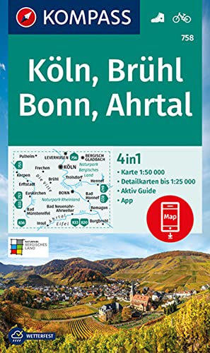 KOMPASS Wanderkarte 758 Köln, Brühl, Bonn, Ahrtal: 4in1 Wanderkarte 1:50000 mit Aktiv Guide und Detailkarten inklusive Karte zur offline Verwendung in der KOMPASS-App. Fahrradfahren.