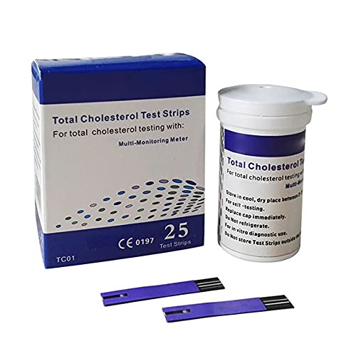 KONMED Medidor de colesterol multifunción 4 en 1 Kit de tiras reactivas de glucosa en sangre de hemoglobina de ácido úrico para dispositivo de gota de diabetes con lancetas (Colesterol 25 piezas)