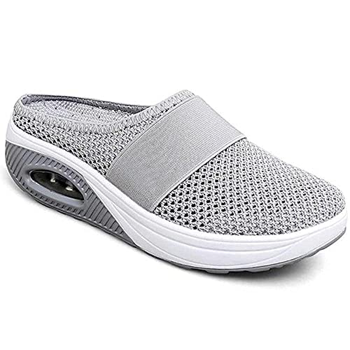 Kookmean Zapatillas para mujer, zapatos para caminar diabéticos, zapatos ortopédicos sin cordones, zapatos para mujer con cojín de aire de malla para enfermera, mocasines de plataforma, gris, 37 EU