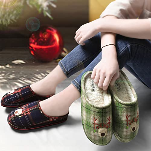 KuaiLu Zapatillas Casa Mujer Navidad Reno Invierno Pantuflas Caliente Peluche Piel Forradas Cerradas Babuchas Señoras Comoda Peludas Pelo Memory Foam Cuadros Slipper Antideslizante Goma Suela Negro 39