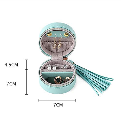 Kudiro Joyero portátil Pu redondo Zipperjewellery Caja de almacenamiento 2 fajas para pendientes, brazalete pulsera collar y anillos de almacenamiento (azul)