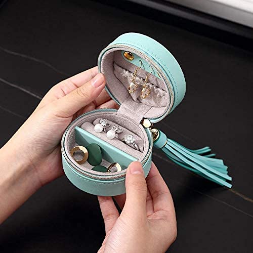 Kudiro Joyero portátil Pu redondo Zipperjewellery Caja de almacenamiento 2 fajas para pendientes, brazalete pulsera collar y anillos de almacenamiento (azul)