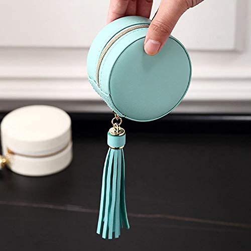 Kudiro Joyero portátil Pu redondo Zipperjewellery Caja de almacenamiento 2 fajas para pendientes, brazalete pulsera collar y anillos de almacenamiento (azul)