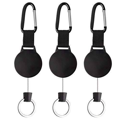 KUUQA 3 piezas Llaveros retráctiles Portacarretes de alta resistencia Carrete con cable de acero de 100 cm / 39 pulgadas, negro