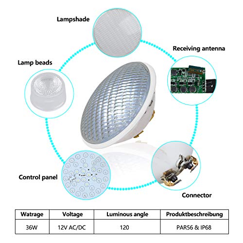 KWODE Luz de piscina, 36W PAR 56 LED Lámpara de luz subacuática para piscina, Luz blanca impermeable para estanque de piscina interior al aire libre, 6000K DC 12V