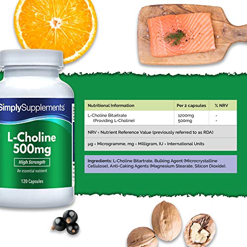 L-Colina 500mg Extra Fuerte - ¡Bote para 2 meses! - Apto para veganos - 120 Cápsulas - SimplySupplements