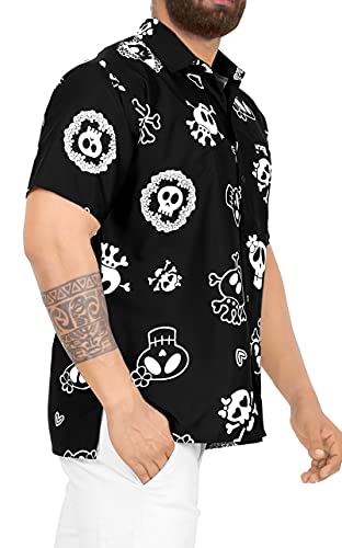 LA LEELA Casual Camisa de Hombre Hawaiana Manga Corta Bolsillo Delantero Playa Vintage Piratas Owl Esqueleto Calabaza Skulls Cráneo Cosplay Disfraces De Fiesta De Halloween Costume Negro_W188 XXL