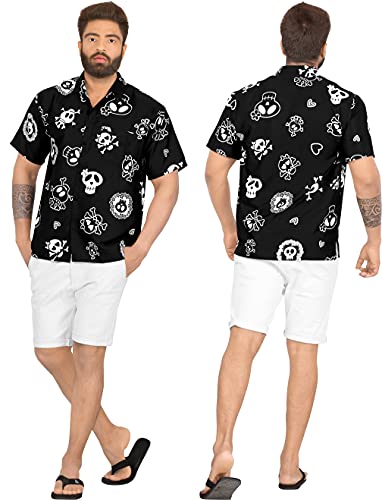 LA LEELA Casual Camisa de Hombre Hawaiana Manga Corta Bolsillo Delantero Playa Vintage Piratas Owl Esqueleto Calabaza Skulls Cráneo Cosplay Disfraces De Fiesta De Halloween Costume Negro_W188 XXL
