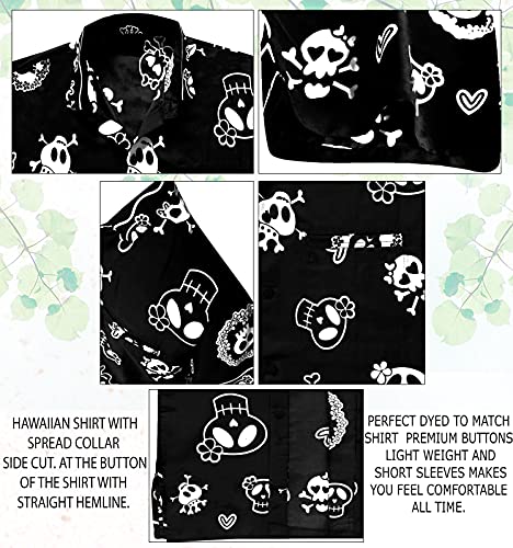 LA LEELA Casual Camisa de Hombre Hawaiana Manga Corta Bolsillo Delantero Playa Vintage Piratas Owl Esqueleto Calabaza Skulls Cráneo Cosplay Disfraces De Fiesta De Halloween Costume Negro_W188 XXL