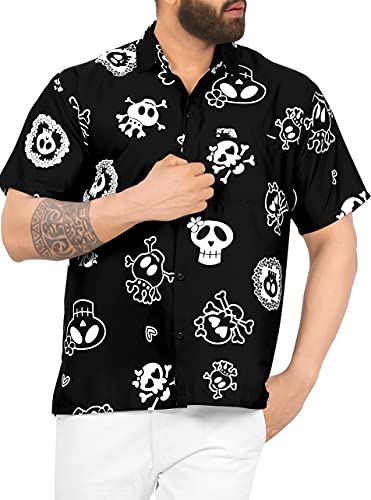 LA LEELA Casual Camisa de Hombre Hawaiana Manga Corta Bolsillo Delantero Playa Vintage Piratas Owl Esqueleto Calabaza Skulls Cráneo Cosplay Disfraces De Fiesta De Halloween Costume Negro_W188 XXL