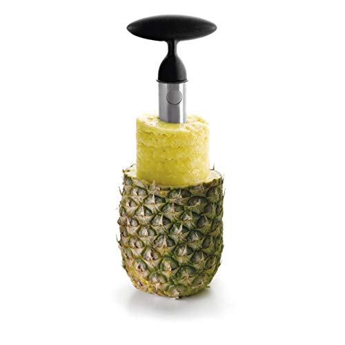 Lacor Cortador y Pelador de Piña con Bote, Cortapiñas 3 en 1, Incluye Recipiente de plástico Libre de BPA, Apto para el lavavajillas, Acero Inoxidable 18/10, Negro, Diámetro: 9 cm