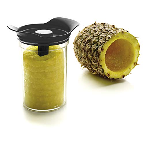 Lacor Cortador y Pelador de Piña con Bote, Cortapiñas 3 en 1, Incluye Recipiente de plástico Libre de BPA, Apto para el lavavajillas, Acero Inoxidable 18/10, Negro, Diámetro: 9 cm