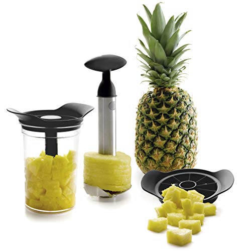 Lacor Cortador y Pelador de Piña con Bote, Cortapiñas 3 en 1, Incluye Recipiente de plástico Libre de BPA, Apto para el lavavajillas, Acero Inoxidable 18/10, Negro, Diámetro: 9 cm