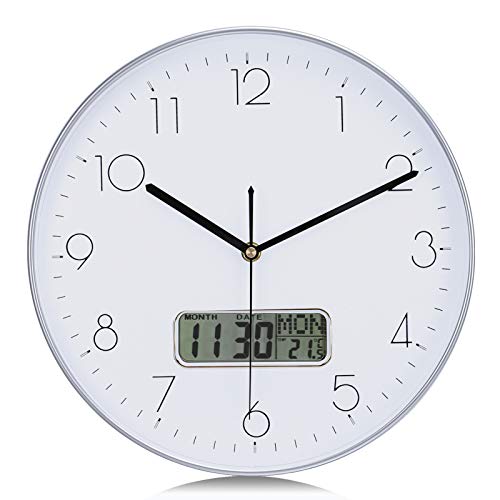 Lafocuse Reloj de Pared Calendario Plateado con Fecha y Termometro LCD Reloj Cuarzo Silencioso Modernos para Oficina Dormitorio Sala 30 cm