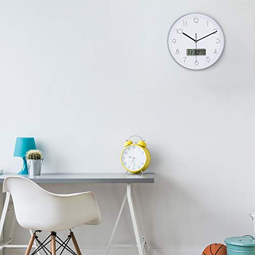 Lafocuse Reloj de Pared Calendario Plateado con Fecha y Termometro LCD Reloj Cuarzo Silencioso Modernos para Oficina Dormitorio Sala 30 cm