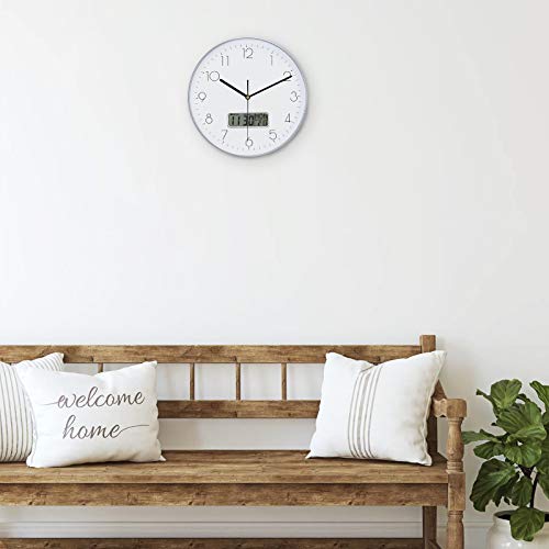 Lafocuse Reloj de Pared Calendario Plateado con Fecha y Termometro LCD Reloj Cuarzo Silencioso Modernos para Oficina Dormitorio Sala 30 cm