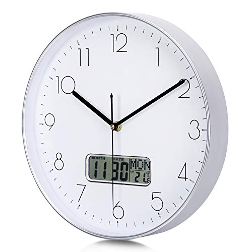 Lafocuse Reloj de Pared Calendario Plateado con Fecha y Termometro LCD Reloj Cuarzo Silencioso Modernos para Oficina Dormitorio Sala 30 cm