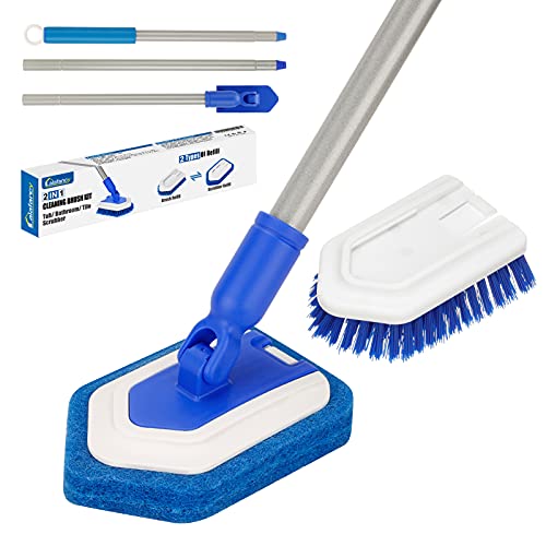 Lalafancy 2 en 1 Cepillo de Limpieza, Kit de Cepillo y Estropajo para Bañera y Azulejos con 119cm Extensible Largo Mango Rotación de 180 Grados para Bañeras y en Azulejos Paredes de Baños Techo