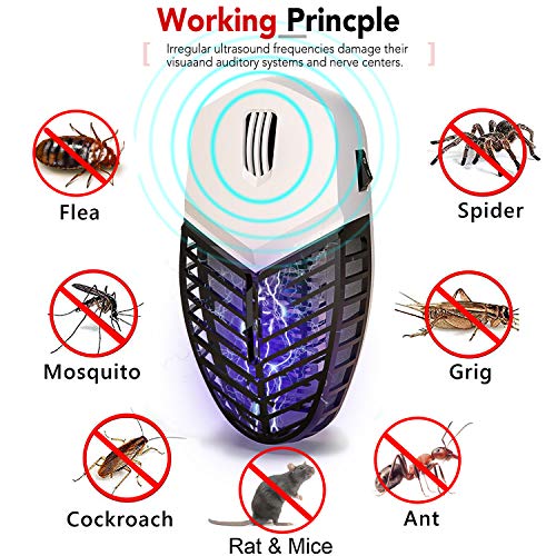 Lámpara antimosquitos eléctrica, repelente de insectos por ultrasonidos, control de plagas, elimina rápidamente de ratones, hormigas, cucarachas, mosquitos, insectos y arañas de pulgas (blanco)