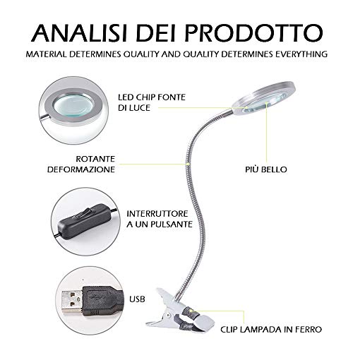 Lámpara de esteticista con lupa de 8 dioptrías, lámpara LED USB portátil, pinza portátil y lámpara de cuello de cisne flexible para maquillaje, tatuaje, manicura, belleza