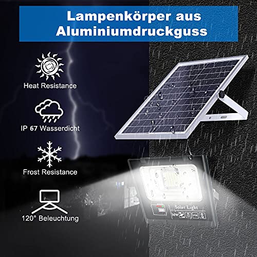 Lámparas solares para exteriores, 49 LED, lámpara solar exterior, mando a distancia IP67, resistente al agua, ángulo de iluminación de 120° con cable de 16,5 pies [Clase energética A +++]