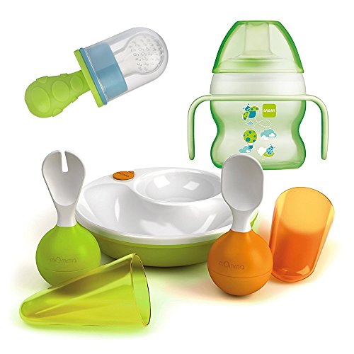 Lansinoh mOmma - Set de aprendizaje con plato y tenedor para mantener caliente, función de pie y chupete de fruta Primamma y vaso para aprender a beber