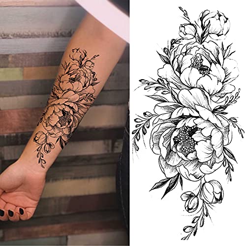 LAROI 10 Hojas Gran Realista Rosa Peonía Flor Tatuajes Temporales Adultos Mujer Festival Negro Tatuaje Pegatinas 3d Flor Dama Hombro Tatuajes Diy Gran Tatuaje Sexy Brazo Cadenas Patrón Tattoos