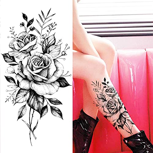 LAROI 10 Hojas Gran Realista Rosa Peonía Flor Tatuajes Temporales Adultos Mujer Festival Negro Tatuaje Pegatinas 3d Flor Dama Hombro Tatuajes Diy Gran Tatuaje Sexy Brazo Cadenas Patrón Tattoos