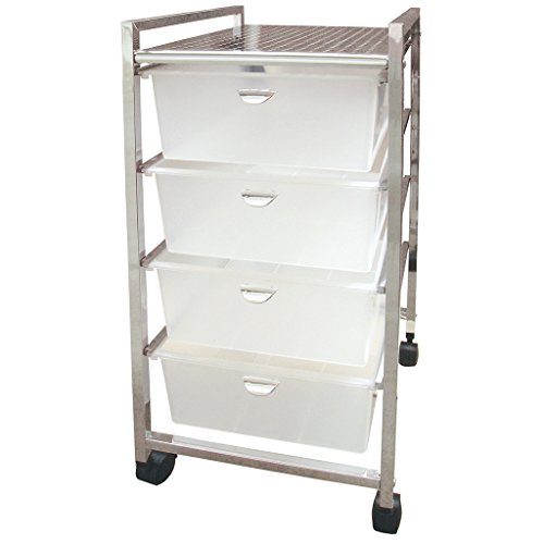 Laroom Carrito Ancho 4 cajones, Chrome Acero Inoxidable Structure y PP Drawers, Blanco