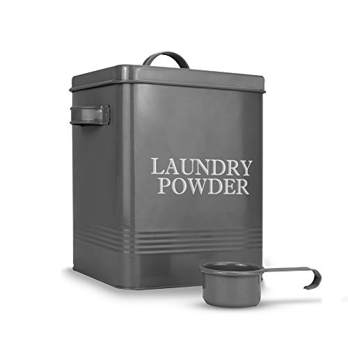Lata de polvo de lavandería con cuchara | Contenedor de detergente gris para lavavajillas | Suministros de limpieza y lavado | Caja de acero revestido con tapa | Llevar asas | M&W