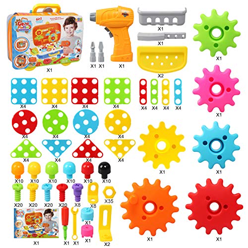 LEADSTAR Construcciones para Niños, Caja Herramientas Juguetes Mosaicos Infantiles Juegos Construccion Taladro Juguete Montessori Puzzles 3D Rompecabezas Infantil de Bloques Educativos con Ruedas