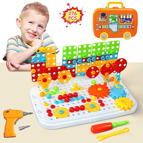 LEADSTAR Construcciones para Niños, Caja Herramientas Juguetes Mosaicos Infantiles Juegos Construccion Taladro Juguete Montessori Puzzles 3D Rompecabezas Infantil de Bloques Educativos con Ruedas