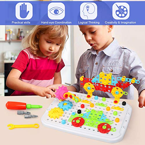 LEADSTAR Construcciones para Niños, Caja Herramientas Juguetes Mosaicos Infantiles Juegos Construccion Taladro Juguete Montessori Puzzles 3D Rompecabezas Infantil de Bloques Educativos con Ruedas